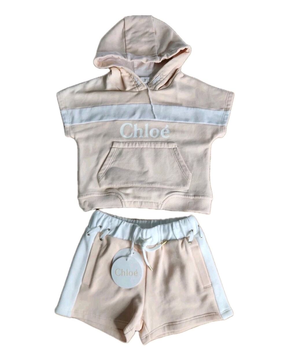 Chloé Girls Pink Iconic Logo Short Sleeve Hoodie & Shorts Set Size 4 yo